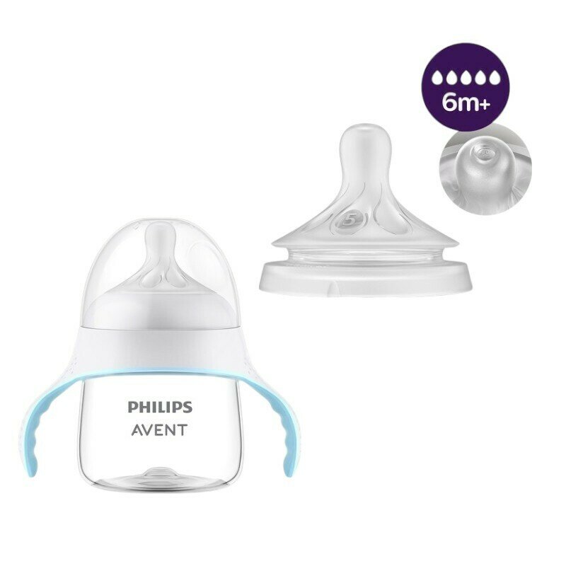 Set canuta cu tetina, Philips Avent, Natural Response, 150 ml, Fara BPA, Anticolici, + Tetine, 2 buc, Cu debit 5 (rapid) 6 luni+, Alb