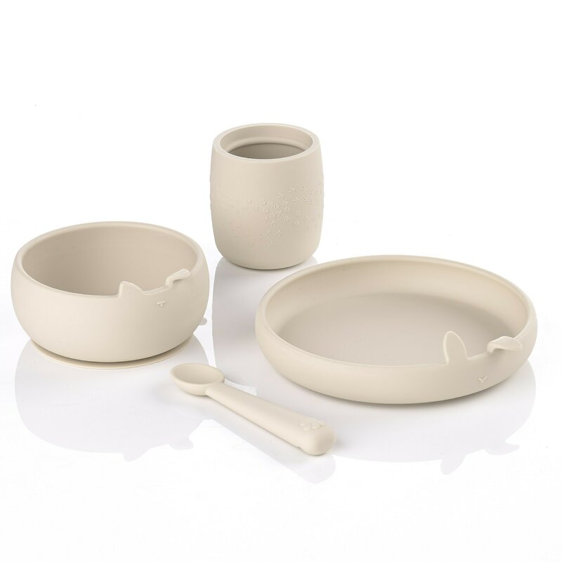 Set complet de masa, Jane, Din silicon, Cu 4 piese, Farfurie, Bol, Lingurita si pahar, BPA free, Sand