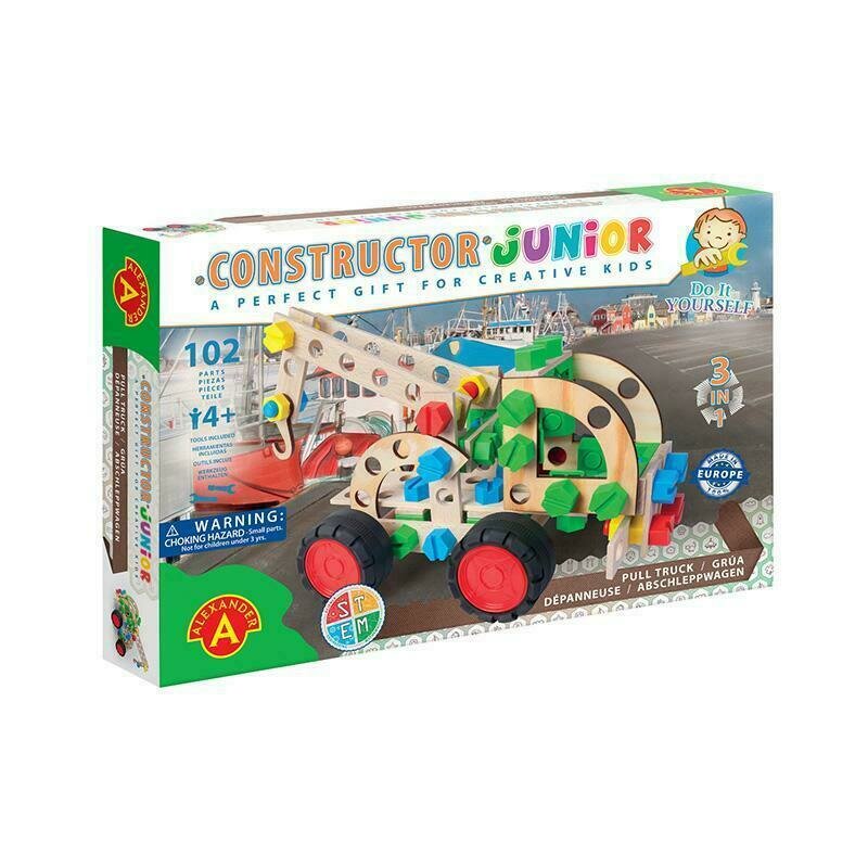 Alexander toys - set de constructie vehicul masina de tractat , constructor junior , 3 in 1, 102 piese din lemn