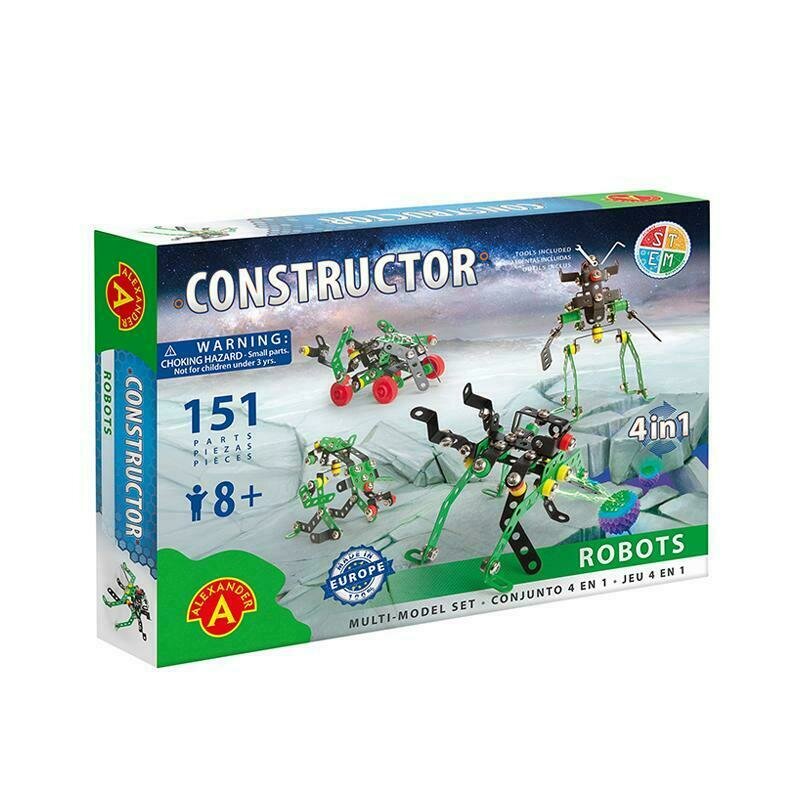 Alexander Toys - Set de constructie Multifunctional Roboti , Constructor , 4 in 1, 151 piese metalice