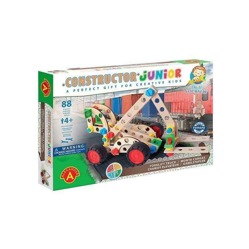 Alexander toys - set de constructie vehicul motostivuitor , constructor junior , 3 in 1, 88 piese din lemn