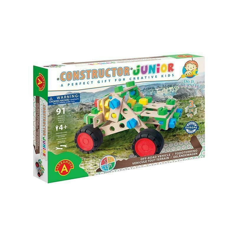 Alexander toys - set de constructie vehicul off road , constructor junior , 3 in 1, 90 piese din lemn