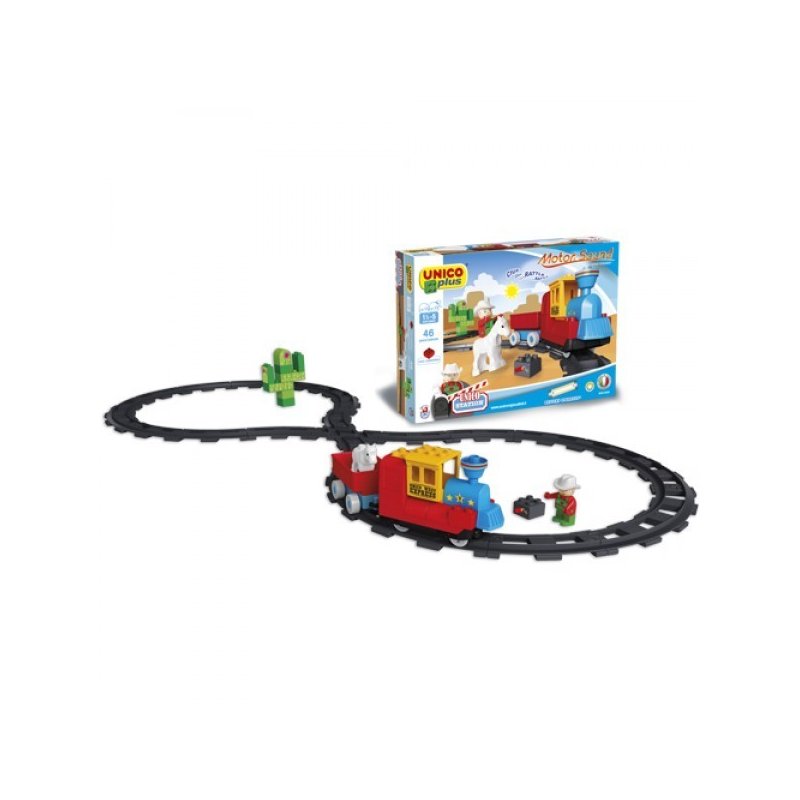 Androni giocattoli - set constructie unico plus trenulet vestul salbatic cu baterii sunete 46 piese
