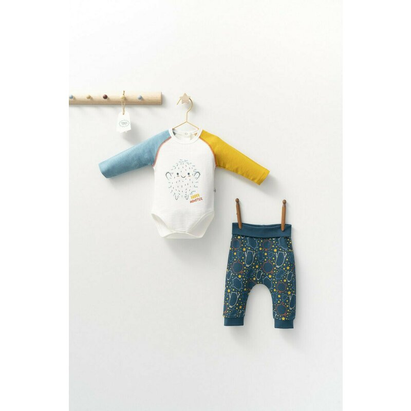 Tongs baby - Set cu pantalonasi si body cu maneca lunga pentru bebelusi Monster, (Culoare: Bleumarin, Marime: 6-9 luni)