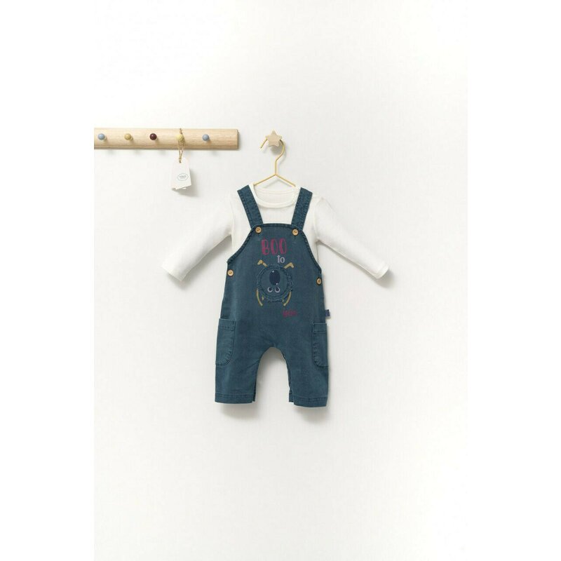 Tongs baby - Set cu salopeta si bluzita pentru bebelusi Monster, (Culoare: Turcoaz, Marime: 6-9 luni)