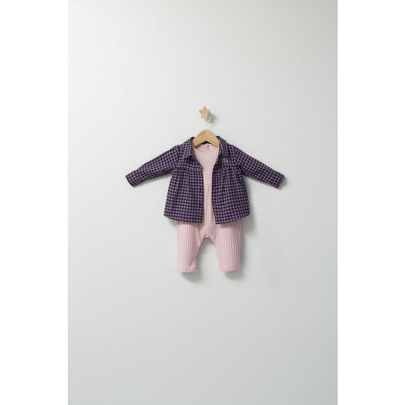 Tongs baby - Set cu salopeta si camasuta in carouri pentru bebelusi Ballon, (Culoare: Rosu, Marime: 6-9 luni)