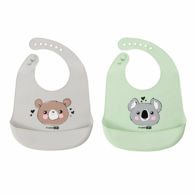 Set de 2 bavete moi, din silicon, bpa free, cu buzunar, freeon, 31 x 24 cm, bear grey/panda green