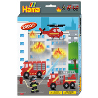 Set de 2000 buc margele de calcat Hama Midi cu 1 planseta in cutie de cadou cu agatator Pompierii