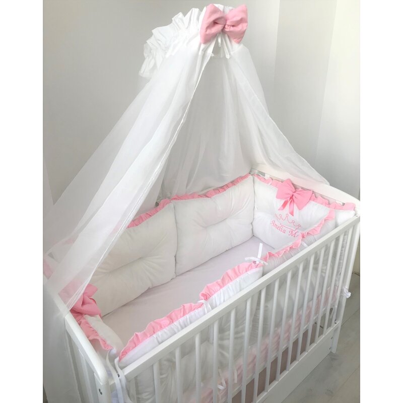 Deseda - set de 6 bucati aparatori protectii laterale patut 120x60 cm albe cu volanas colorat si 2 fundite roz