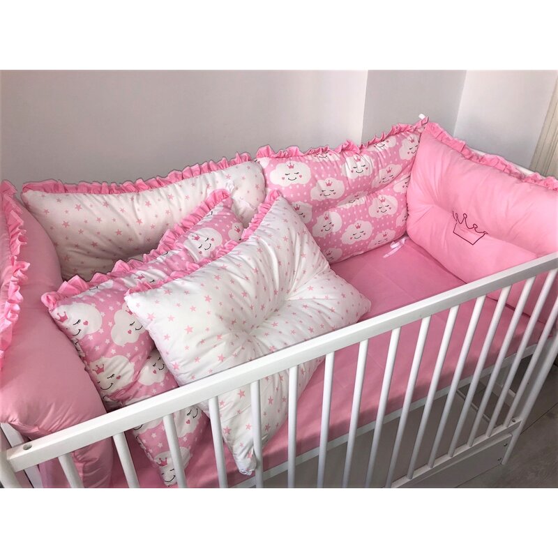 Deseda - set de 6 bucati aparatori protectii laterale patut 120x60 cm roz-norisori roz-stelute roz pe alb