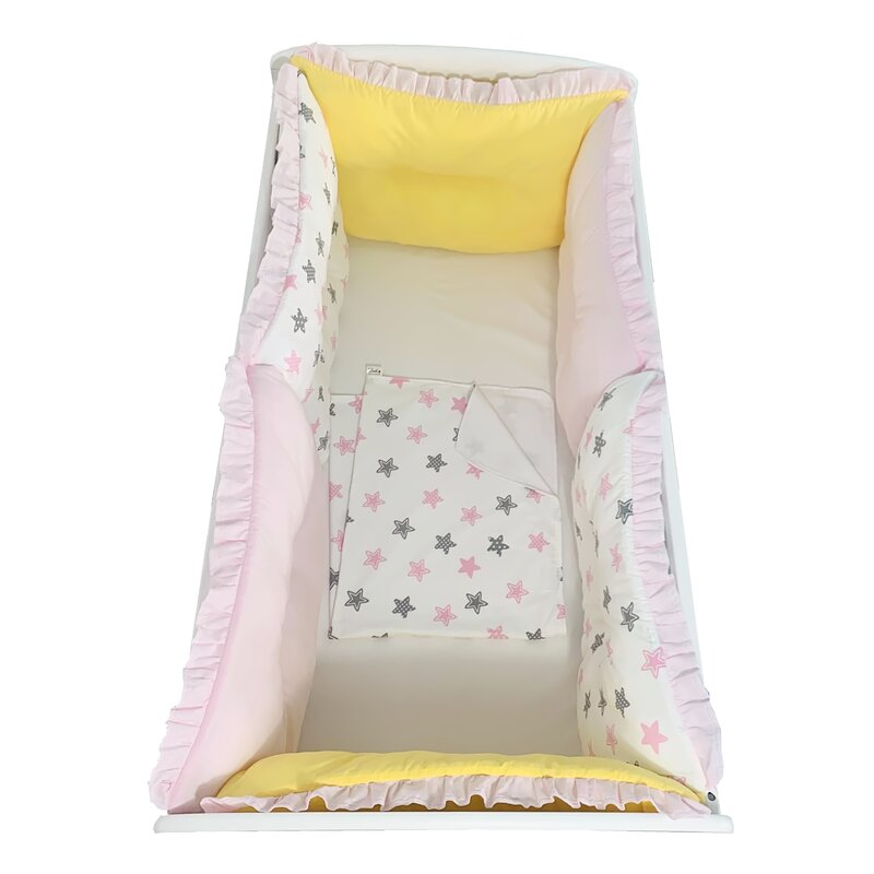 Deseda - set de 6 bucati aparatori protectii laterale patut 120x60 cm roz pal - galben - stelute roz gri