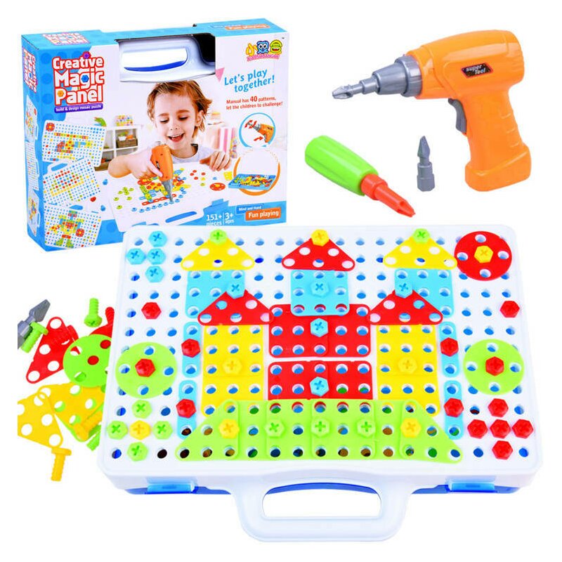 Set de constructie, Jokomisiada, Pentru alcatuire imagine, Cu surubelnita, suruburi si panou cu gauri, Dezvolta creativitatea si atentia, Contine 151 piese, 3 ani+, Multicolor