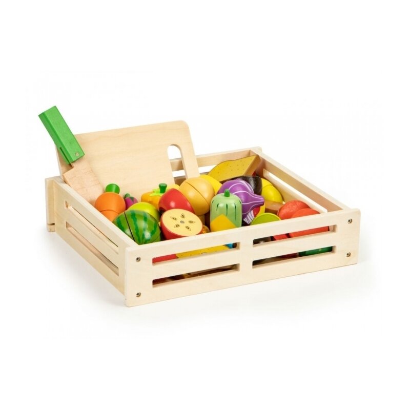 Ecotoys - Set de fructe si legume cu tocator de lemn si cutit, HM191520