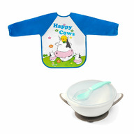 Set de hranire cu 2 piese, Baveta impermeabila cu maneci lungi Bocioland si castron Babyono cu ventuza si lingurita, Happy Cows/Grey