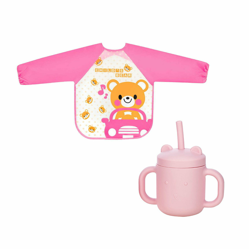 Set de hranire cu 2 piese, cana din silicon fara bpa, cu manere, cu pai, 6 luni+ si baveta impermeabila cu maneci, pink/bear