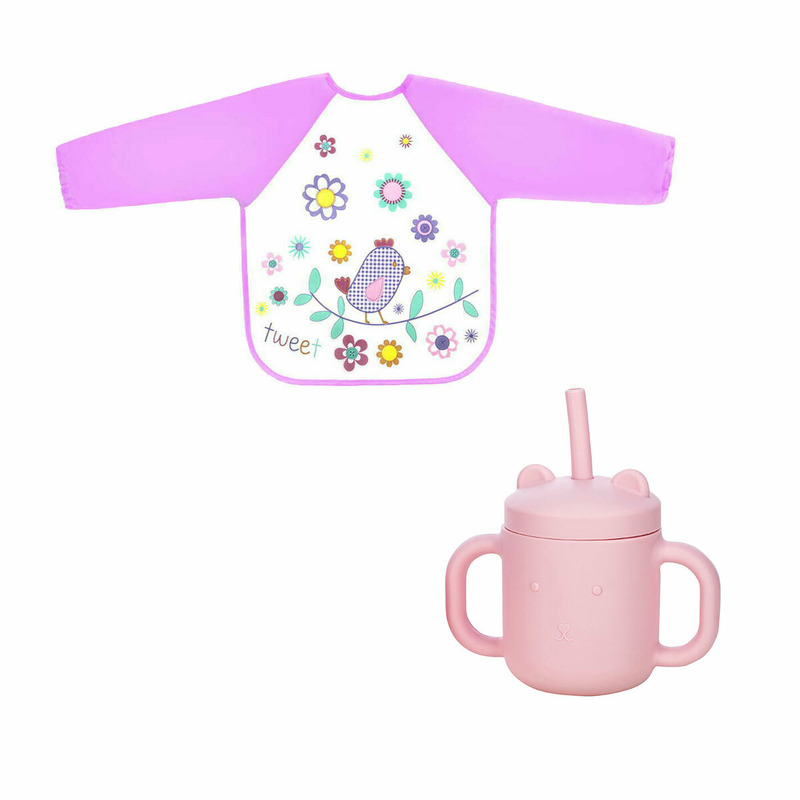 Set de hranire cu 2 piese, Cana din silicon fara BPA, Cu manere, Cu pai, 6 luni+ si baveta impermeabila cu maneci, Pink/Bird