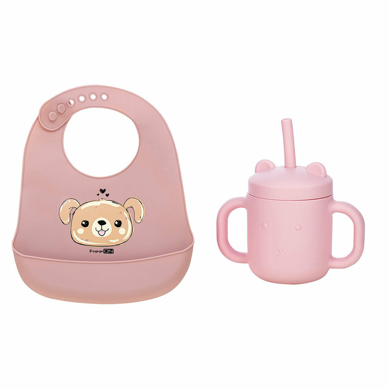 Set de hranire cu 2 piese, Cana din silicon fara BPA, Cu manere, Cu pai, 6 luni+ si baveta moale, Din silicon, BPA Free, Cu buzunar, FreeON, Puppy Brown/Pink