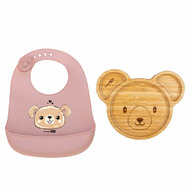 Set de hranire cu 2 piese, Farfurie compartimentata din bambus si baveta moale, Din silicon, BPA Free, Cu buzunar, FreeON, Bear/Puppy Brown