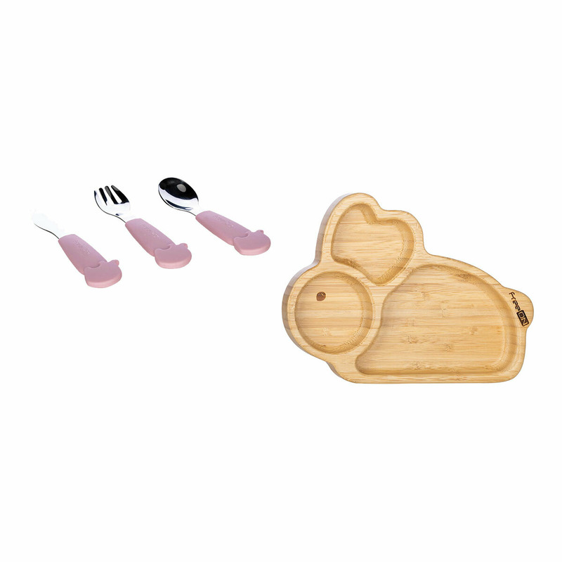 Set de hranire cu 2 piese, Farfurie compartimentata din bambus si set de 3 tacamuri din inox inoxidabil, FreeON, Bunny/Pink