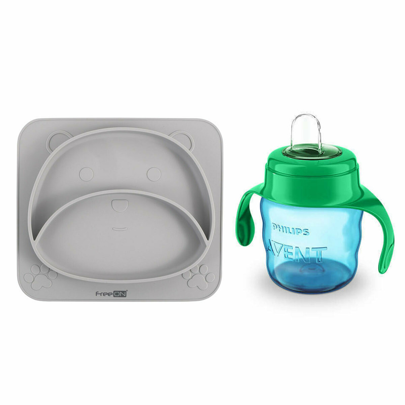 Set de hranire cu 2 piese, Farfurie compartimentata din silicon fara BPA, FreeON si canuta Philips Avent cu tetina de formare, 6 luni+, 200 ml, Bear Grey/Verde