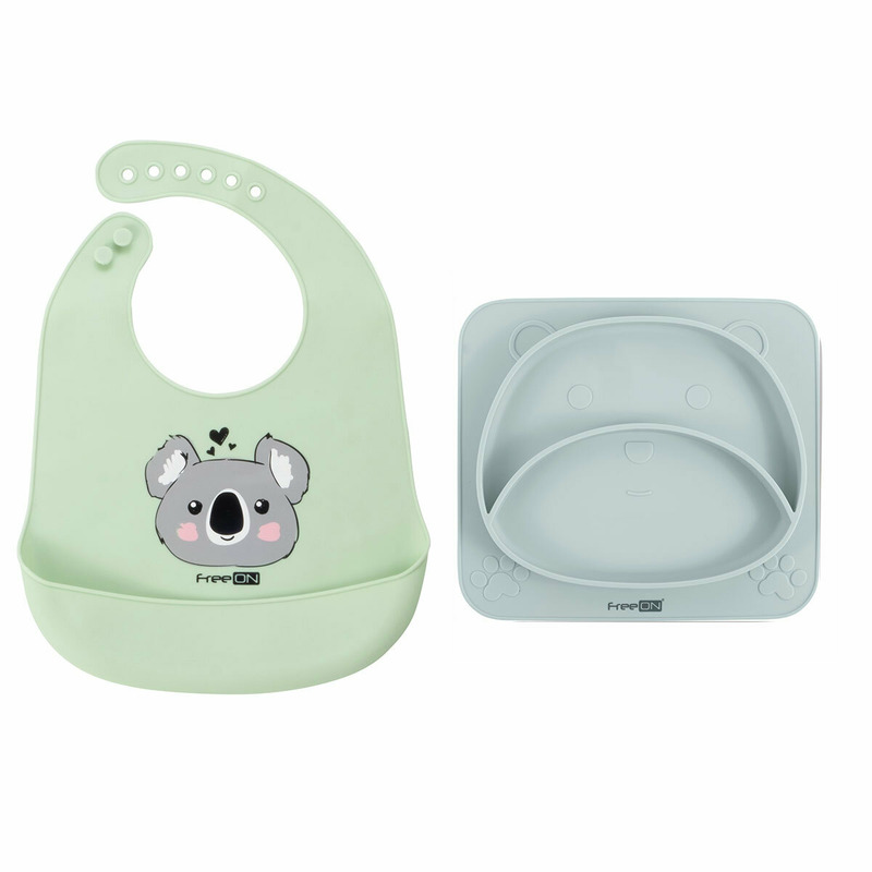 Set de hranire cu 2 piese, Farfurie compartimentata din silicon fara BPA si baveta moale, Din silicon, BPA Free, Cu buzunar, FreeON, Panda Green/Teddy Bear Green