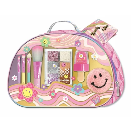 Set de infrumusetare, Hot Focus, Pentru fetite, Geanta cosmetice cu pensule de machiaj, paleta de farduri si lipgloss, 24,5x6,5x20 cm, 5 ani+, Flower