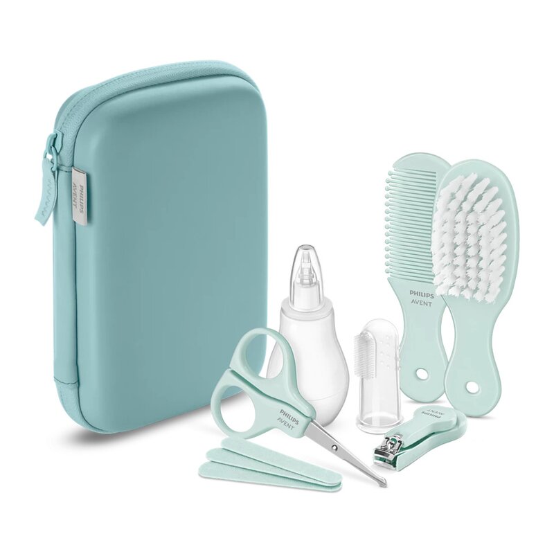 Set de ingrijire, Philips Avent, Include aspirator nazal, periuta de dinti pentru deget, forfecuta, unghiera, pile, pieptan si perie par, Toate intr-o cutie de depozitare, Compact, 0 luni+, Green