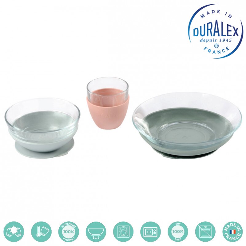 Beaba - set de masa 3 piese din sticla duralex cu suport antiaderent - eucalyptus