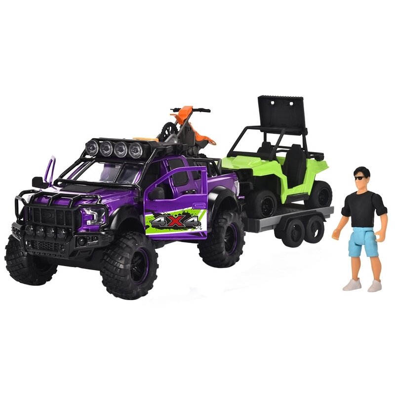 Dickie toys - set country trail 2 masinute, motocicleta, figurina si remorca