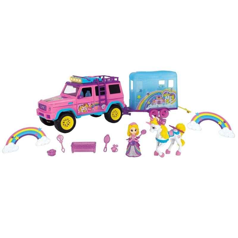 Dickie Toys - Set de joaca Masina Unicorn Trailer Mercedes-Benz AMG 500, Cu remorca, Cu figurine