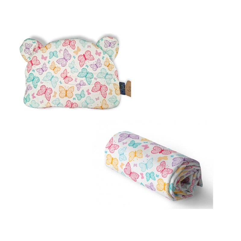 Babysteps - set din vascoza de bambus cu paturica usoara si pernuta cu urechiuse pentru copii, fluturi colorati 100x120cm