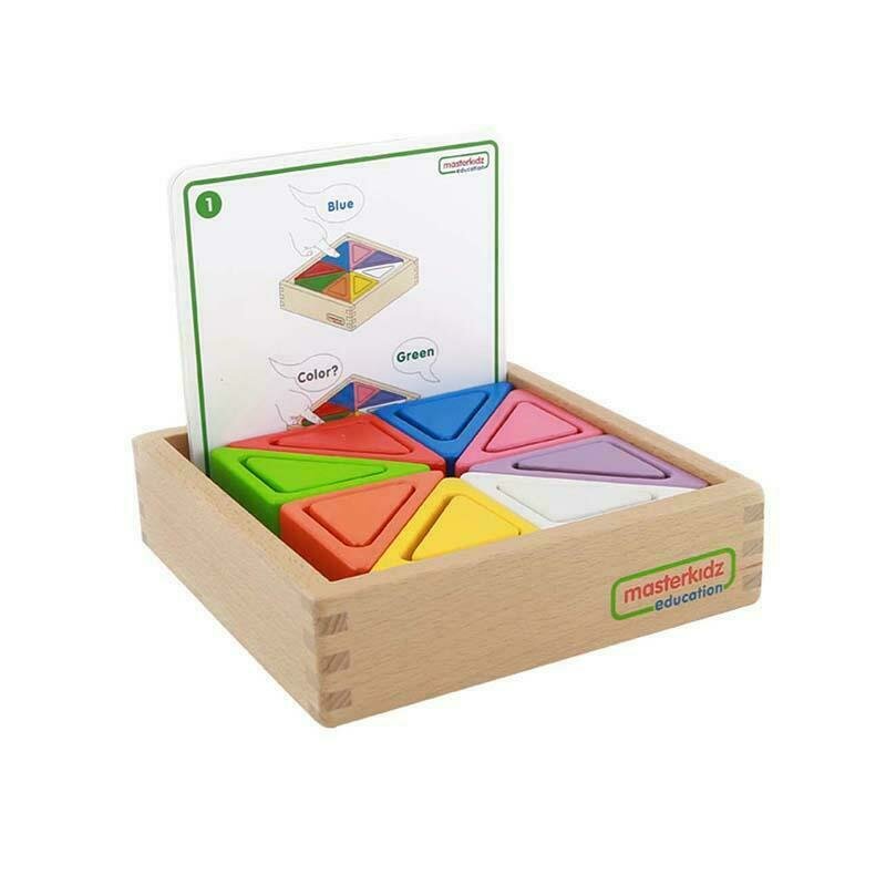 Masterkidz - set educativ prisme triunghiulare si triunghiuri-recipient, din lemn, +2 ani, , pentru gradinite