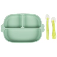 Kidscare - Set hranire bebe din silicon, 1 farfurie compartimentata cu ventuza, 2 lingurite marimi diferite, fara BPA, verde, 
