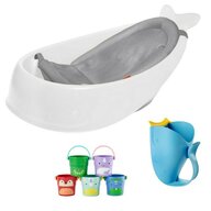 Set igiena Skip Hop: Recipient pentru clatire, jucarii de baie si cadita inteligenta, Cu suport detasabil, Pentru 3 etape de crestere, 2 doua pozitii ergonomice, Antiderapanta, Fara PVC si ftalati, 0 luni+, 70 x 48 x 29 cm, Alb/Gri