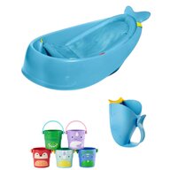 Set igiena Skip Hop: Recipient pentru clatire, jucarii de baie si cadita inteligenta, Cu suport detasabil, Pentru 3 etape de crestere, 2 doua pozitii ergonomice, Antiderapanta, Fara PVC si ftalati, 0 luni+, 70 x 48 x 29 cm, Albastru