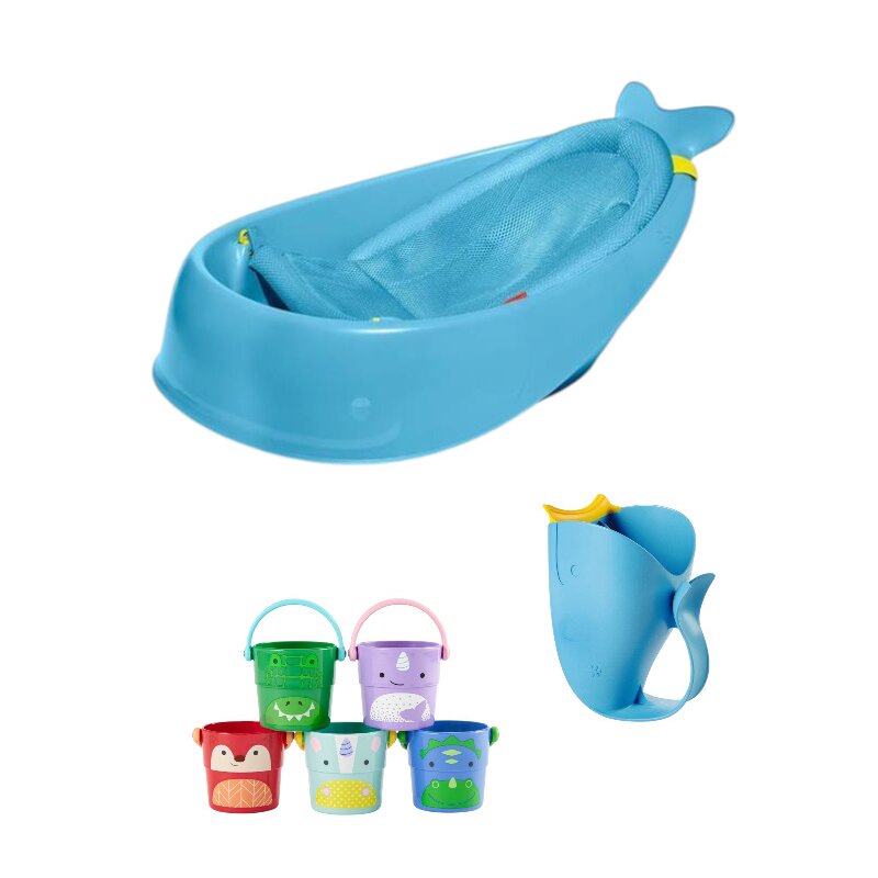 Set igiena Skip Hop: Recipient pentru clatire, jucarii de baie si cadita inteligenta, Cu suport detasabil, Pentru 3 etape de crestere, 2 doua pozitii ergonomice, Antiderapanta, Fara PVC si ftalati, 0 luni+, 70 x 48 x 29 cm, Albastru