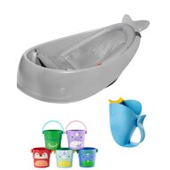 Set igiena Skip Hop: Recipient pentru clatire, jucarii de baie si cadita inteligenta, Cu suport detasabil, Pentru 3 etape de crestere, 2 doua pozitii ergonomice, Antiderapanta, Fara PVC si ftalati, 0 luni+, 70 x 48 x 29 cm, Gri