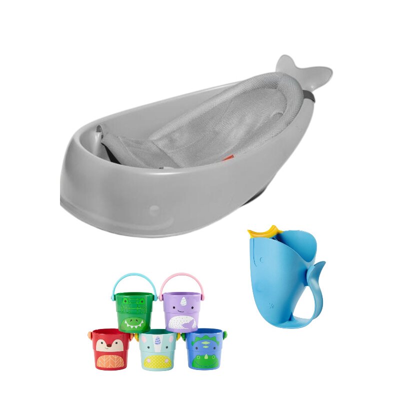 Set igiena Skip Hop: Recipient pentru clatire, jucarii de baie si cadita inteligenta, Cu suport detasabil, Pentru 3 etape de crestere, 2 doua pozitii ergonomice, Antiderapanta, Fara PVC si ftalati, 0 luni+, 70 x 48 x 29 cm, Gri