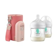 Set incalzitor biberoane, Lionelo, ThermUp Go Evo, USB, 5 trepte incalzire, Roz + 2x biberoane, Philips Avent, Cu supapa AirFree, 0 luni+, 125 ml, Alb