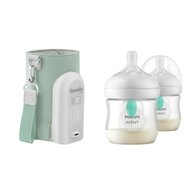 Set incalzitor biberoane, Lionelo, ThermUp Go Evo, USB, 5 trepte incalzire, Verde + 2x biberoane, Philips Avent, Cu supapa AirFree, 0 luni+, 125 ml, Alb