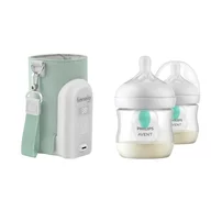 Set incalzitor biberoane, Lionelo, ThermUp Go Evo, USB, 5 trepte incalzire, Verde + 2x biberoane, Philips Avent, Cu supapa AirFree, 0 luni+, 125 ml, Alb