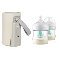 Set incalzitor biberoane, Lionelo, ThermUp Go Plus, portabil, USB, Bej + 2x biberoane, Philips Avent, Cu supapa AirFree, 0 luni+, 125 ml, Alb