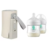 Set incalzitor biberoane, Lionelo, ThermUp Go Plus, portabil, USB, Bej + 2x biberoane, Philips Avent, Cu supapa AirFree, 0 luni+, 125 ml, Alb