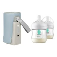 Set incalzitor biberoane, Lionelo, ThermUp Go Plus, USB, Albastru deschis + 2x biberoane, Philips Avent, Cu supapa AirFree, 0 luni+, 125 ml, Alb