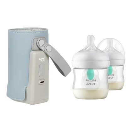Set incalzitor biberoane, Lionelo, ThermUp Go Plus, USB, Albastru deschis + 2x biberoane, Philips Avent, Cu supapa AirFree, 0 luni+, 125 ml, Alb