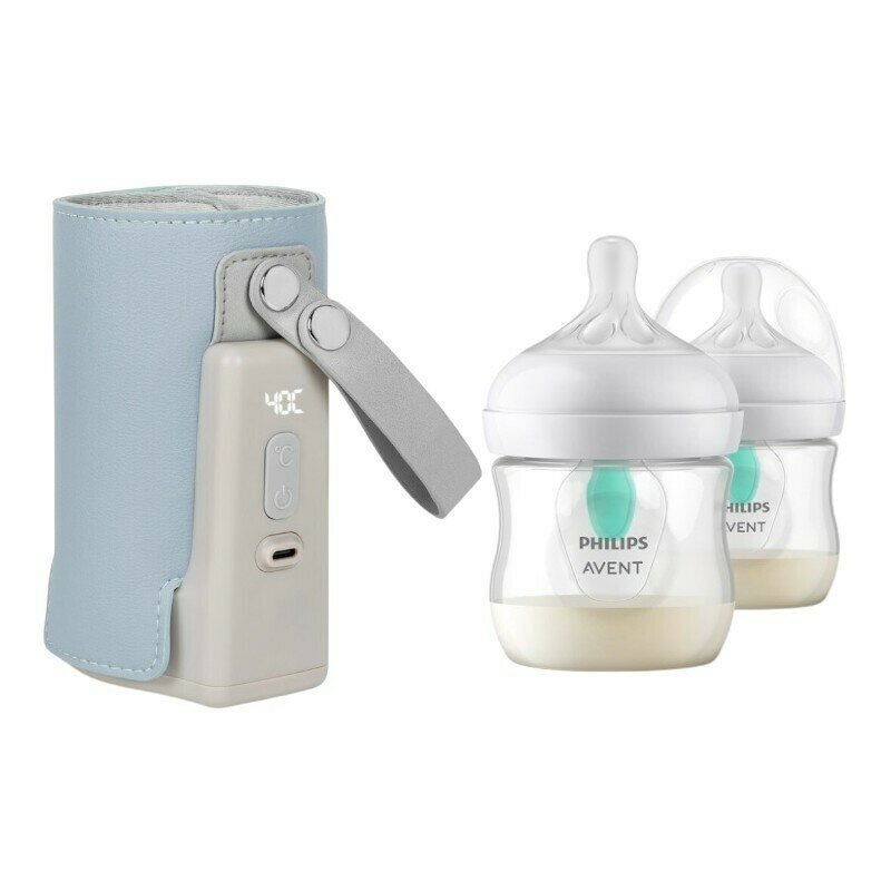 Set incalzitor biberoane, Lionelo, ThermUp Go Plus, USB, Albastru deschis + 2x biberoane, Philips Avent, Cu supapa AirFree, 0 luni+, 125 ml, Alb