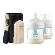 Set incalzitor biberoane, Lionelo, ThermUp Go Plus, USB, Negru/Auriu+ 2x biberoane, Philips Avent, Cu supapa AirFree, 0 luni+, 125 ml, Alb