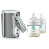 Set incalzitor biberoane, Lionelo, ThermUp Go, portabil, USB, Gri + 2x biberoane, Philips Avent, Cu supapa AirFree, 0 luni+, 125 ml, Alb