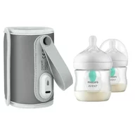 Set incalzitor biberoane, Lionelo, ThermUp Go, portabil, USB, Gri + 2x biberoane, Philips Avent, Cu supapa AirFree, 0 luni+, 125 ml, Alb