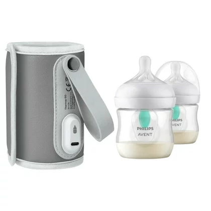 Set incalzitor biberoane, Lionelo, ThermUp Go, portabil, USB, Gri + 2x biberoane, Philips Avent, Cu supapa AirFree, 0 luni+, 125 ml, Alb